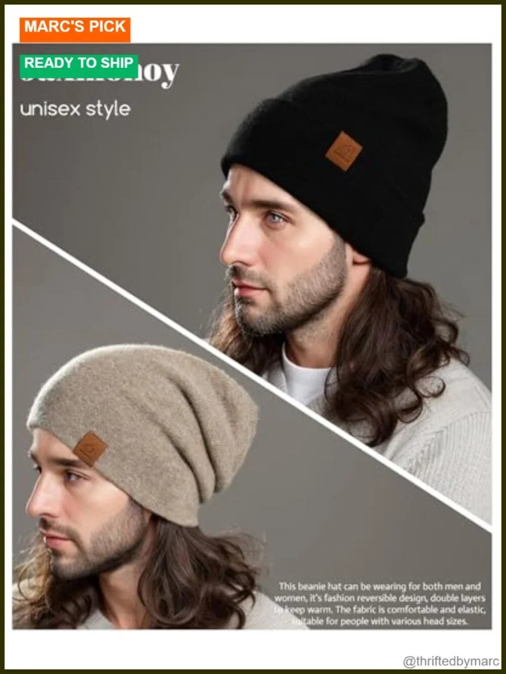 Slouchy Knit Beanie Reversible Winter Hat Soft Warm Unisex Cuffed Skull Cap